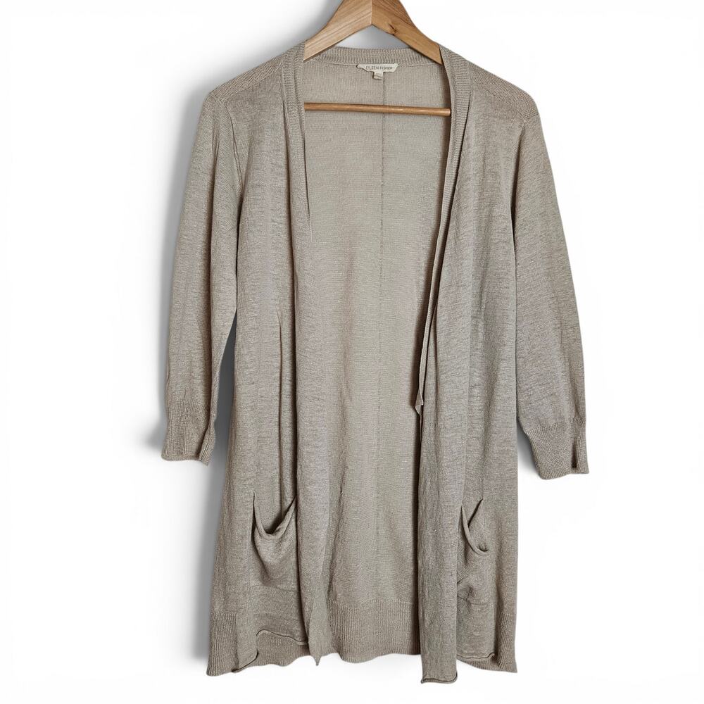 Eileen Fisher Womens Linen Open Front Cardigan Sz M Pockets Quiet Luxury Coastal